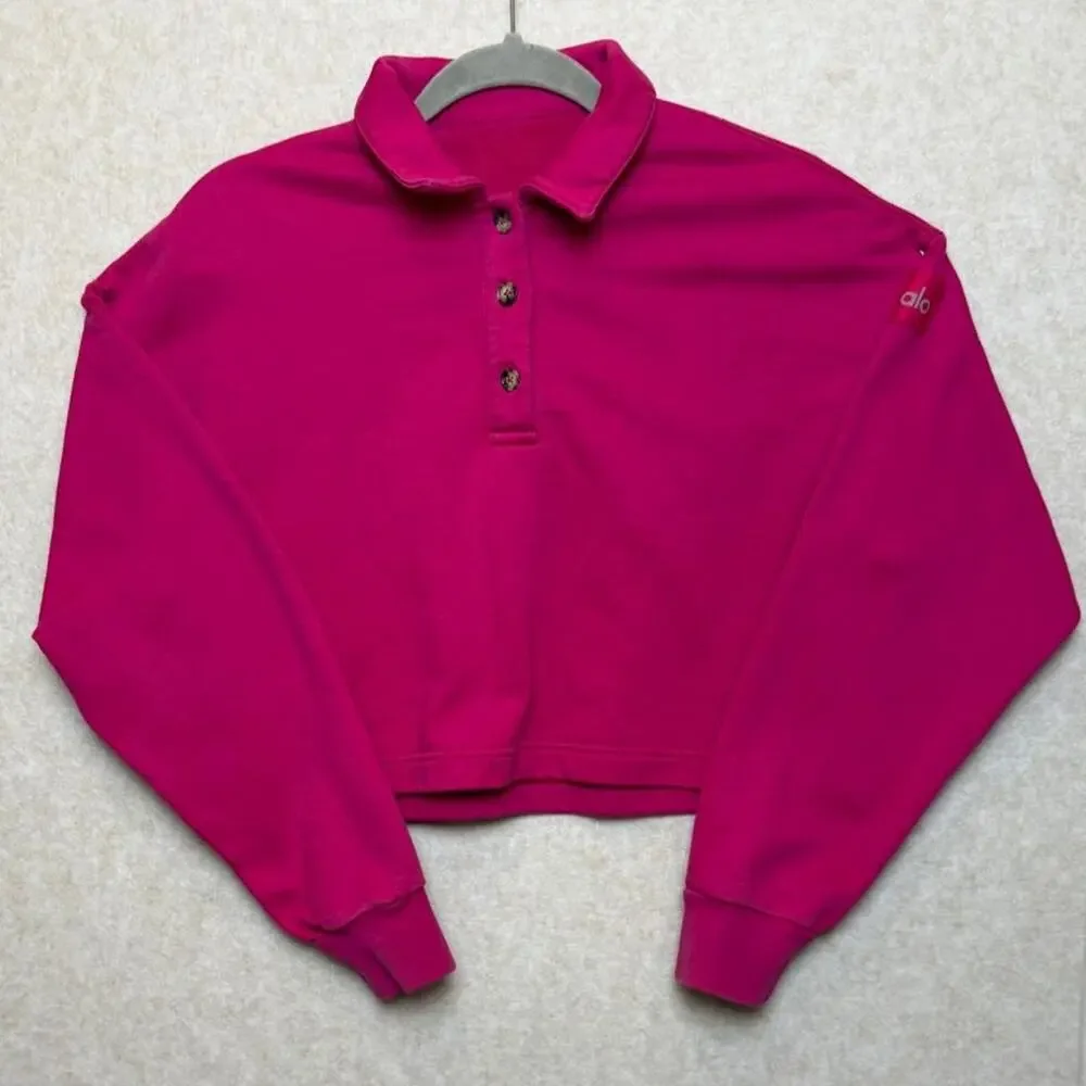 Alo Yoga Polo Henley Pullover Pink Sugar Cropped Long Sleeve Sweatshirt